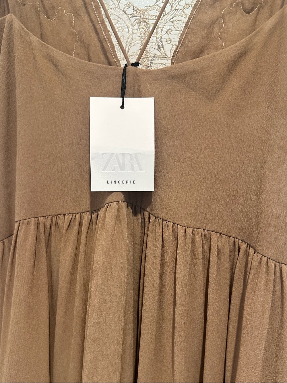 New Zara Asymmetric Tan Strappy Lace-Trimmed Slip Dress & beige Lace Accents M - Picture 7 of 10
